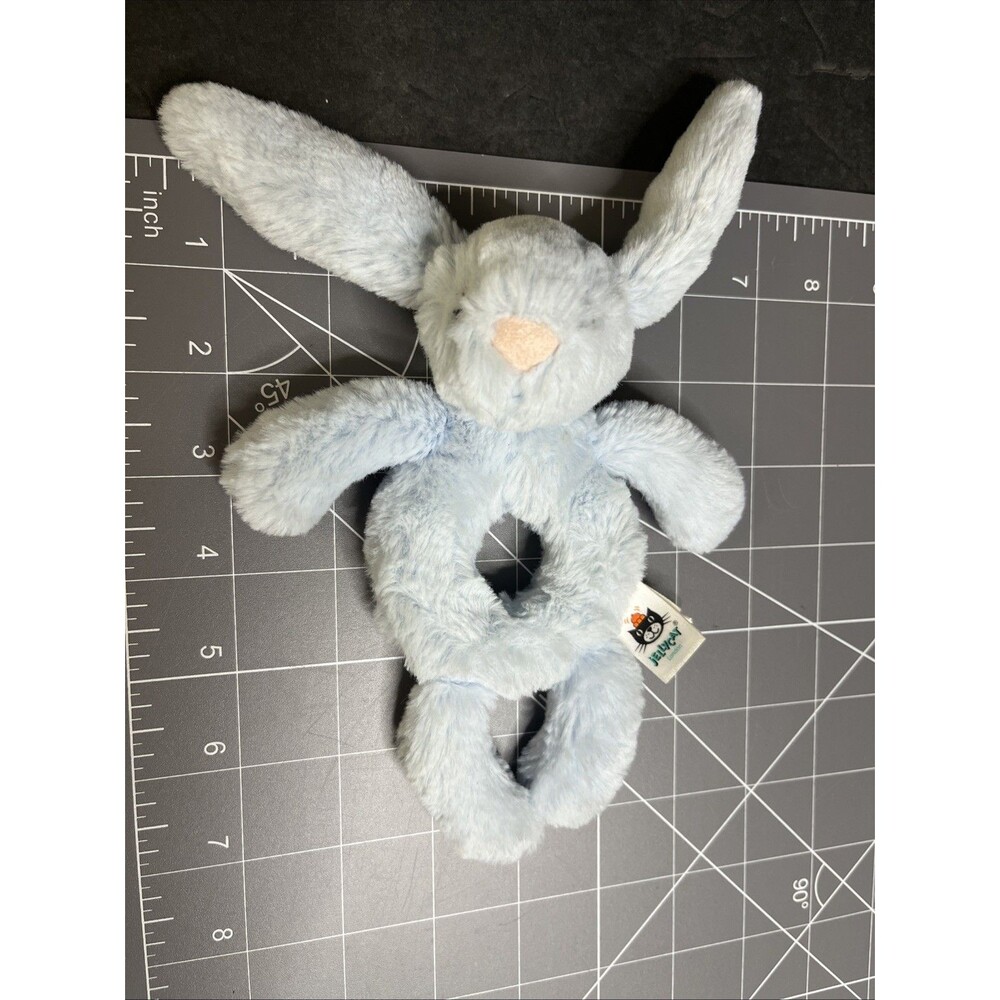 Jellycat Little Bashful Blue Bunny Rabbit Rattle Grabber Plush Baby Ring Toy 7"